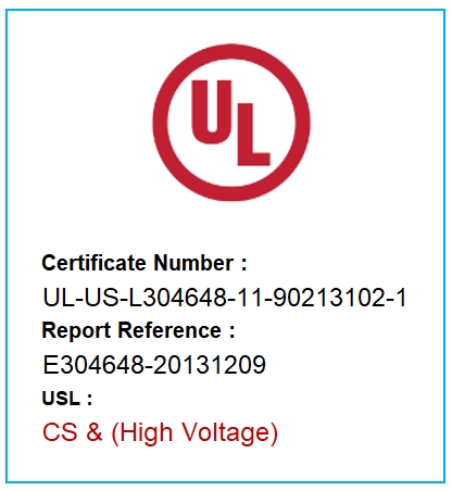ใบรับรอง UL กลุ่ม CS และหางปลาแรงสูง เลขที่ UL-US-L304648-11-90213102-1